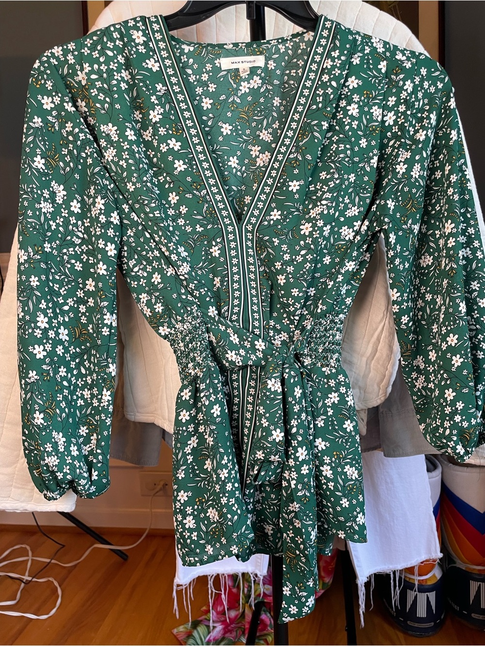 Max Studio Green Floral Wrap peplum with Tie Waist